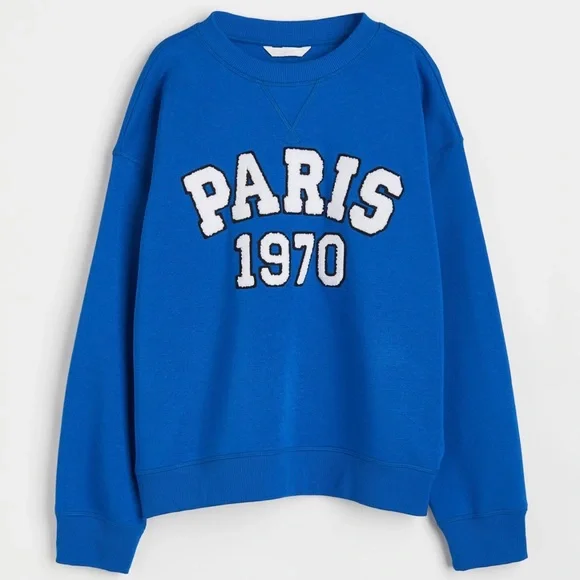 NWT H&M Blue Paris Sweatshirt with Sherpa Letters - Picture 1 of 13